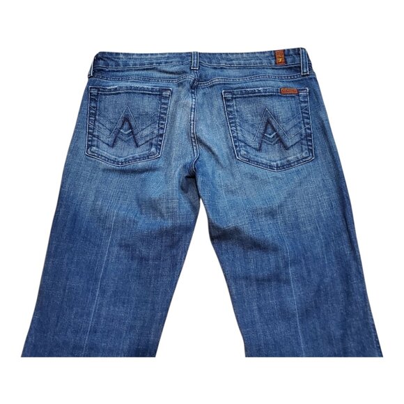 7 FOR ALL MANKIND SZ 32 "A" Pocket Low-rise Bootcut Distressed Blue Jeans - Picture 5 of 15